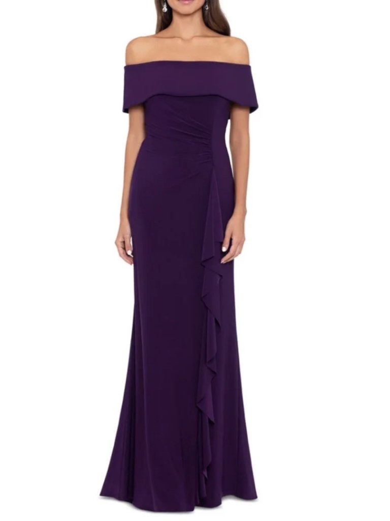 New Xscape Women's Size 10 Off-The-Shoulder Plum Evening Gown With Ruched Front